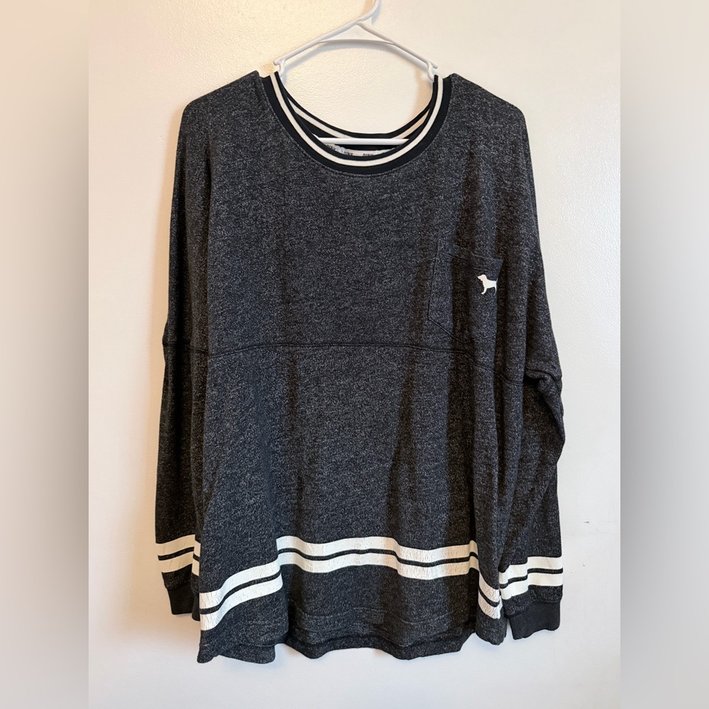 PINK Victoria's Secret Charcoal Gray Pullover Sweater with White Stripes